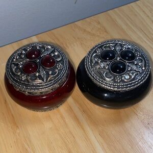 Antique Tibetan Decorative Trinket Jars in Red and Black with Silver-Tone Lids
